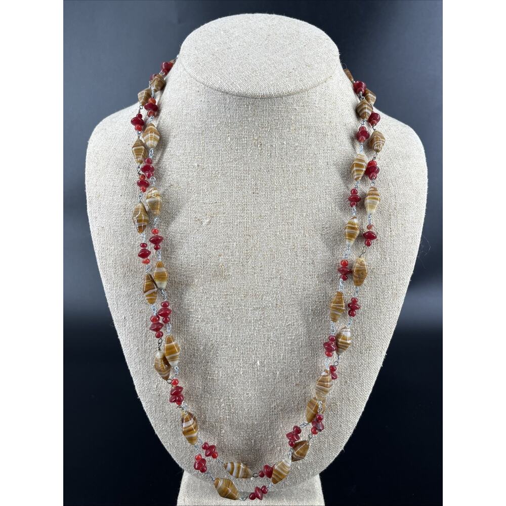Vintage Murano? Glass 25” Wired 'Banded Agate' Striped Bead Flapper Necklace